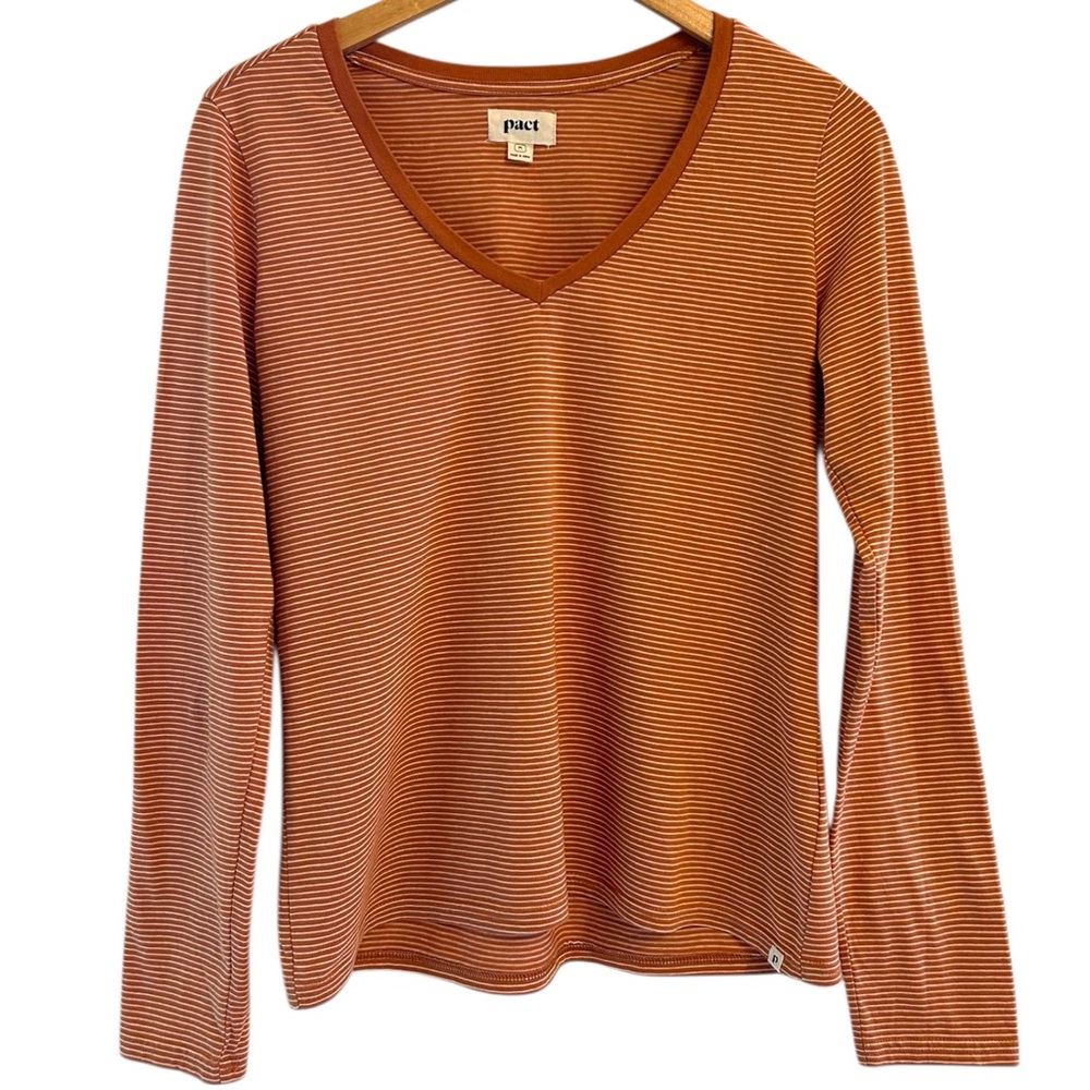PACT Organic Cotton Long Sleeve T-Shirt size Medium Rust Retro Striped